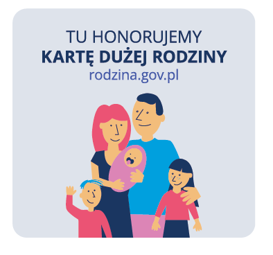 Znak Karty Dużej Rodziny, którym oznacza się miejsca oferujące zniżki dla posiadaczy Karty. Przedstawia rodziców z trójką dzieci.